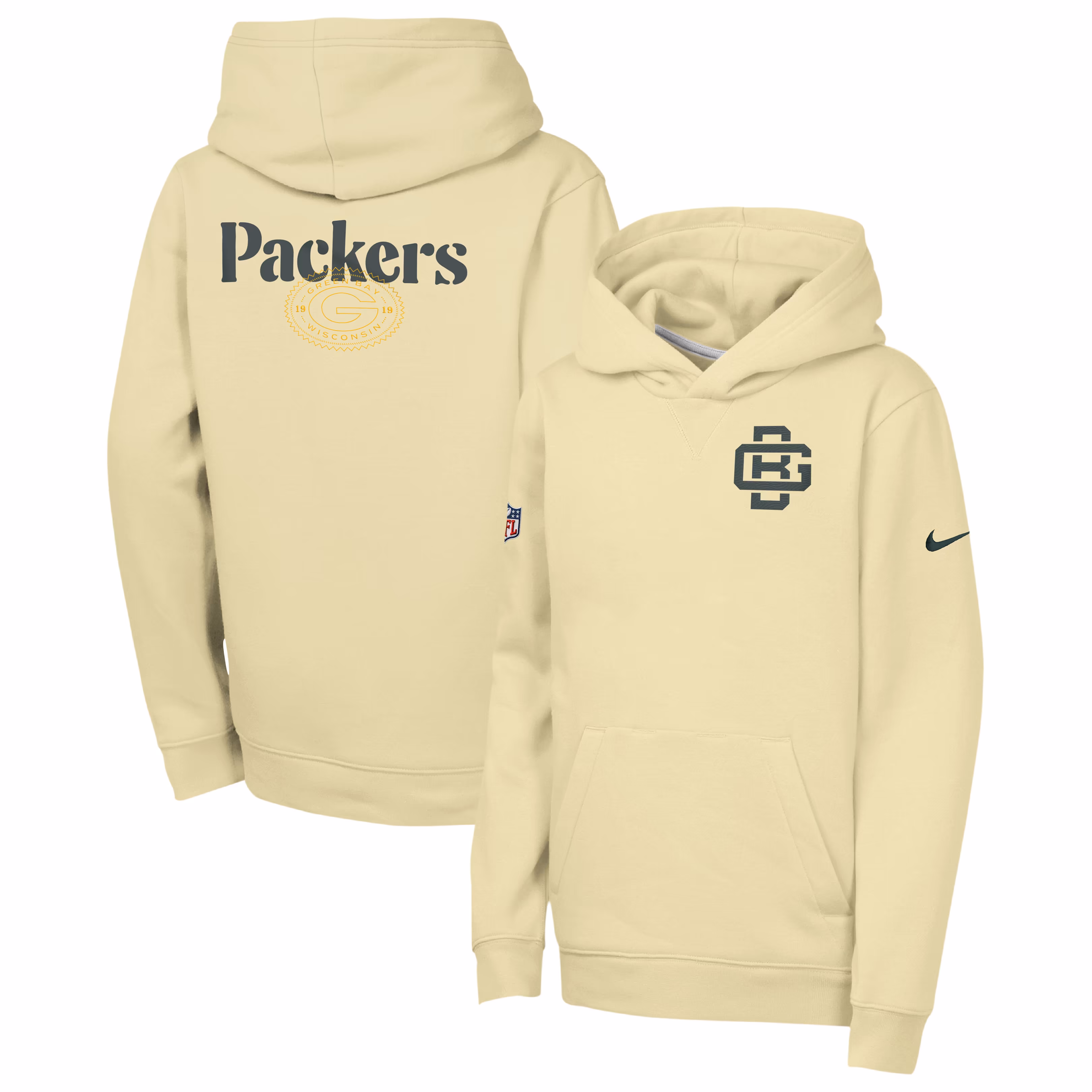 Youth Green Bay Packers  Nike Cream 2026 Rivalries Collection Sideline Club Fleece Pullover Hoodie - SUjersey01