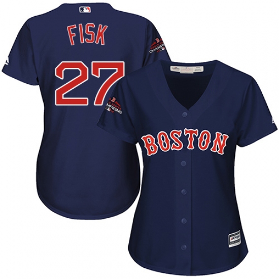 Women's Majestic Boston Red Sox #27 Carlton Fisk Authentic Navy Blue Alternate Road 2018 World Series Champions MLB Jersey - Ujersey