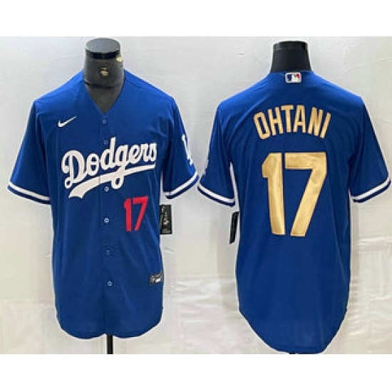 Men's Los Angeles Dodgers #17 Shohei Ohtani Number Blue Gold Stitched Cool Base Nike Jerseys - Ujersey