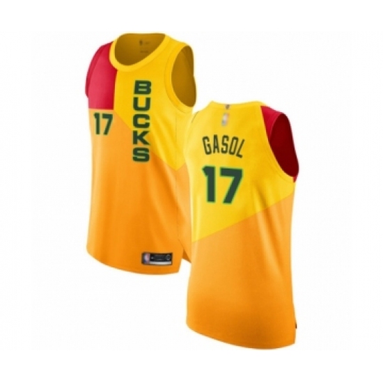Men's Milwaukee Bucks #17 Pau Gasol Authentic Yellow Basketball Jersey - City Edition - Ujersey