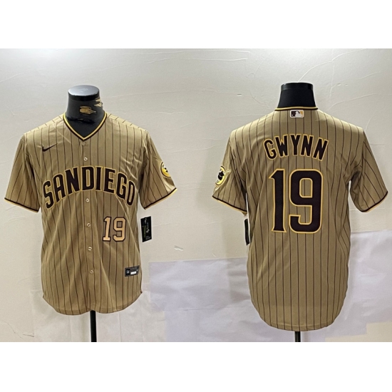 Men's San Diego Padres #19 Tony Gwynn Khaki Team Logo Cool Base Jerseys - Ujersey