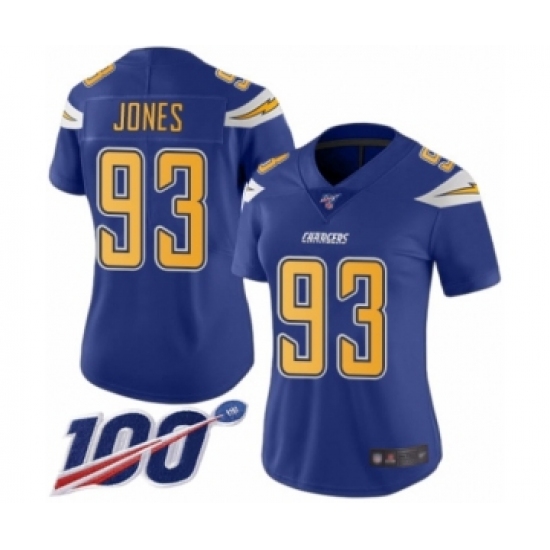 Women's Los Angeles Chargers #93 Justin Jones Limited Electric Blue Rush Vapor Untouchable 100th Season Football Jersey - Ujersey