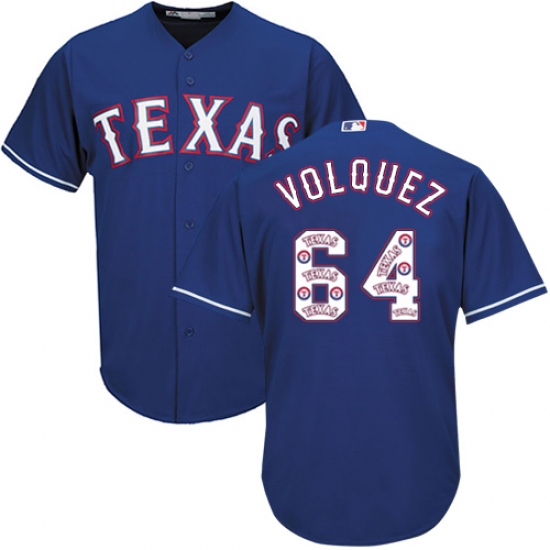 Men's Majestic Texas Rangers #64 Edinson Volquez Authentic Royal Blue Team Logo Fashion Cool Base MLB Jersey - Ujersey