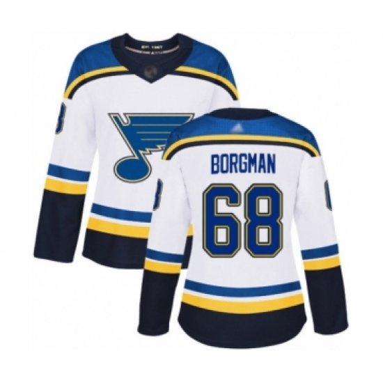 Women's St. Louis Blues #68 Andreas Borgman Authentic White Away Hockey Jersey