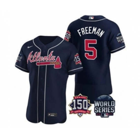 Men's Atlanta Braves #5 Freddie Freeman 2021 Navy World Series Flex Base With 150th Anniversary Patch Baseball Jersey