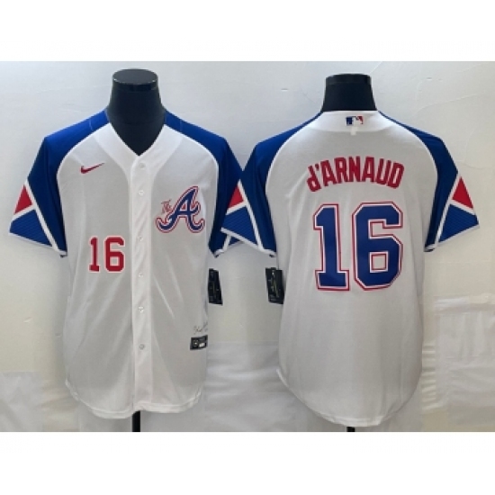 Men's Atlanta Braves #16 Travis dArnaud Number White 2023 City Connect Cool Base Stitched Jersey - Ujersey