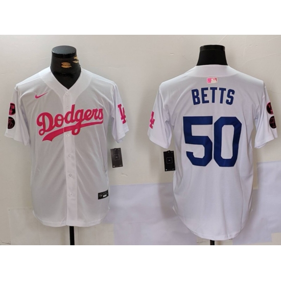 Men's Los Angeles Dodgers #50 Mookie Betts White Pink Vin & Kobe Stitched Baseball Jersey1 - Ujersey