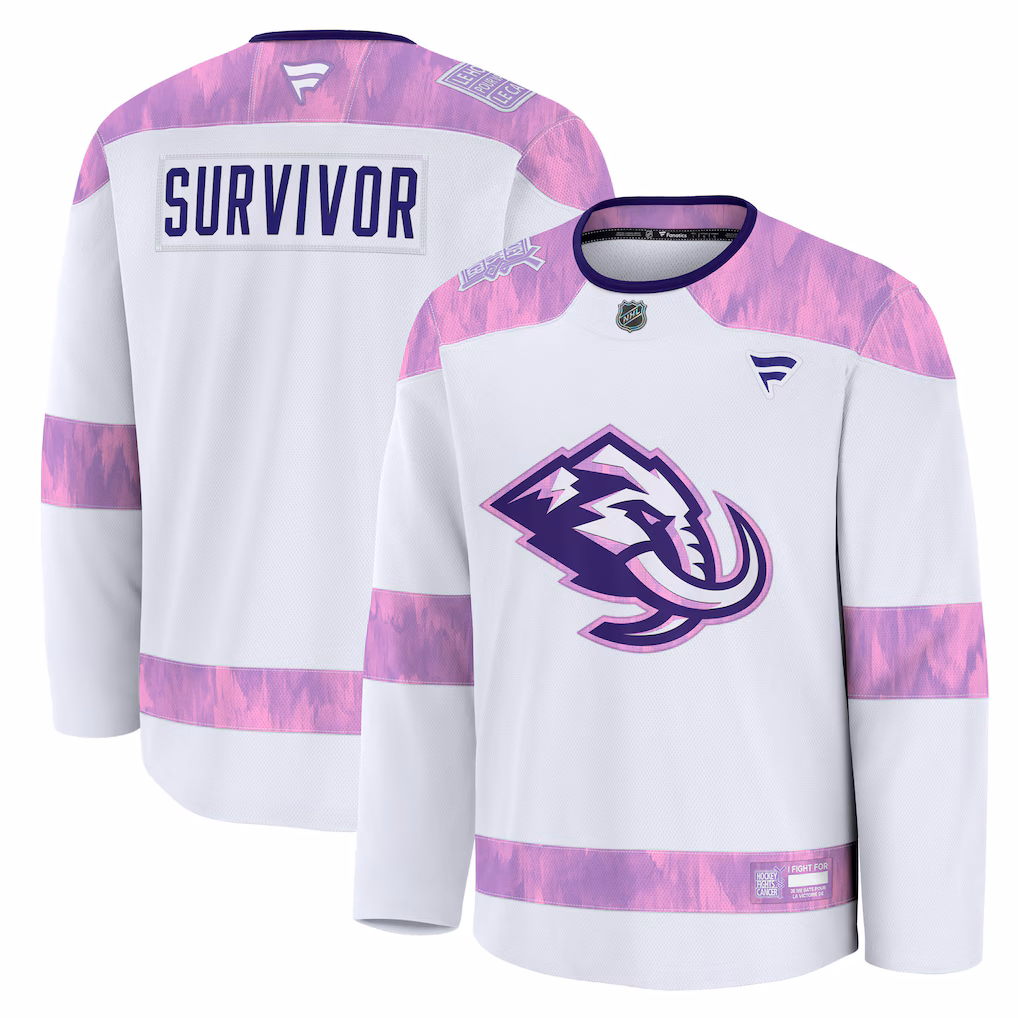 Men's Utah Mammoth Fanatics White Hockey Fights Cancer Survivor Practice Jersey