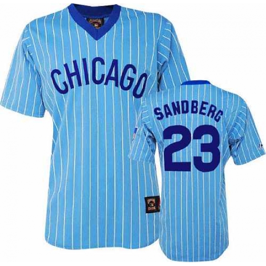 Men's Majestic Chicago Cubs #23 Ryne Sandberg Authentic Blue/White Strip Cooperstown Throwback MLB Jersey - Ujersey