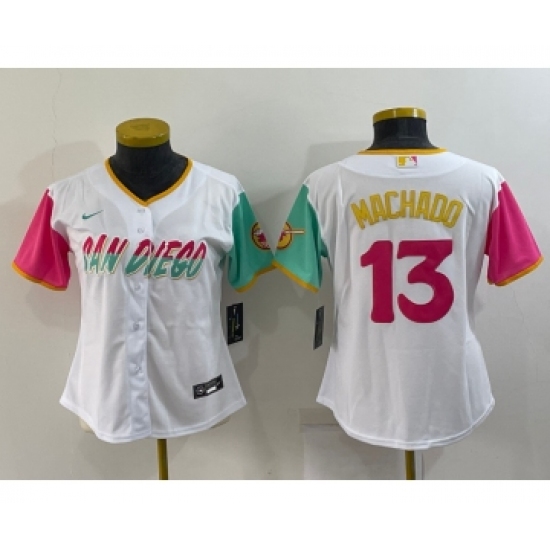 Women's San Diego Padres #13 Manny Machado White 2022 City Connect Cool Base Stitched Jersey - Ujersey