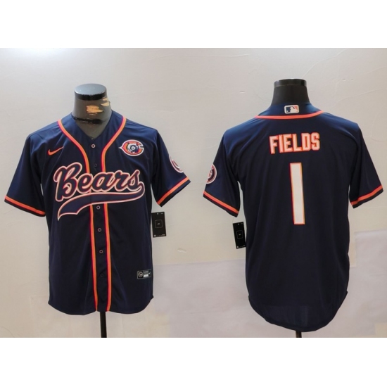 Men's Chicago Bears #1 Justin Fields Navy Throwback With Cool Base Stitched Baseball Jersey - Ujersey