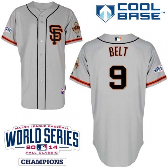 Men's Majestic San Francisco Giants #9 Brandon Belt Replica Grey Road 2 Cool Base w/2014 World Series Patch MLB Jersey - Ujersey
