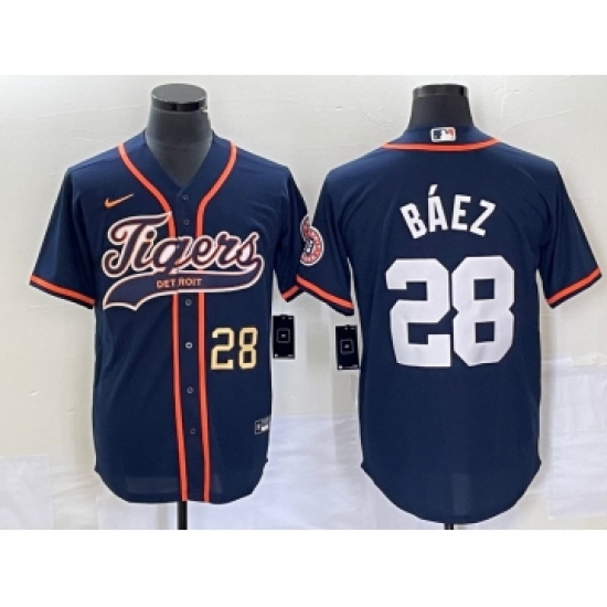 Men's Detroit Tigers #28 Javier Baez Number Navy Blue Cool Base Stitched Baseball Jersey - Ujersey