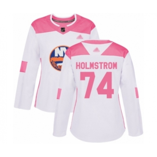 Women's New York Islanders #74 Simon Holmstrom Authentic White Pink Fashion Hockey Jersey - Ujersey