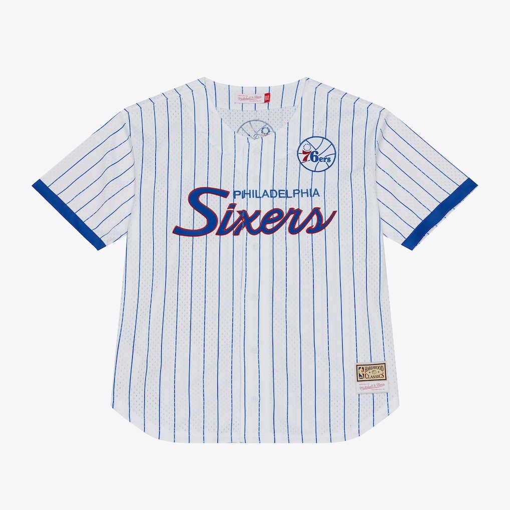 Men's Philadelphia 76ers Mitchell & Ness White Head Coach Pinstripe Mesh Full-Button Baseball Jersey - Vujersey Los Angeles Rams