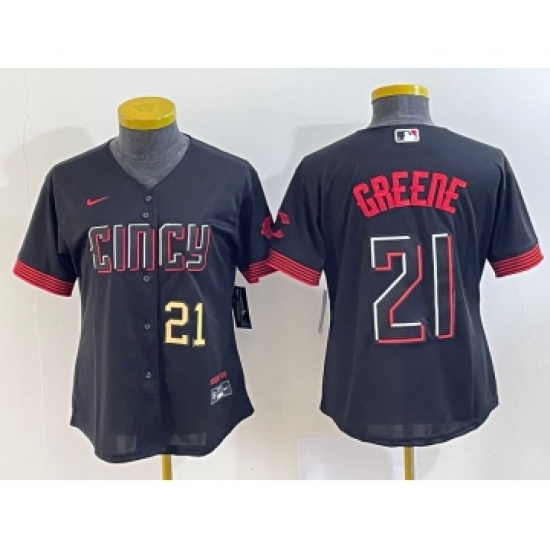 Women's Cincinnati Reds #21 Hunter Greene Number Black 2023 City Connect Cool Base Stitched Jersey