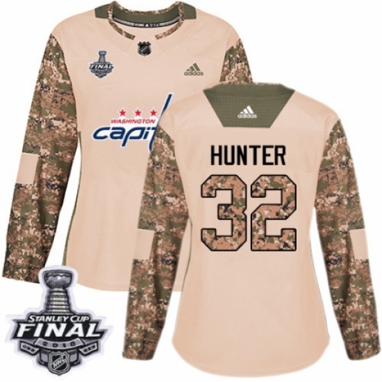 Women's Adidas Washington Capitals #32 Dale Hunter Authentic Camo Veterans Day Practice 2018 Stanley Cup Final NHL Jersey - Ujersey