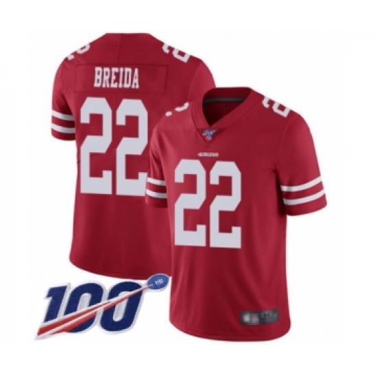 Men's San Francisco 49ers #22 Matt Breida Red Team Color Vapor Untouchable Limited Player 100th Season Football Jersey - Ujersey