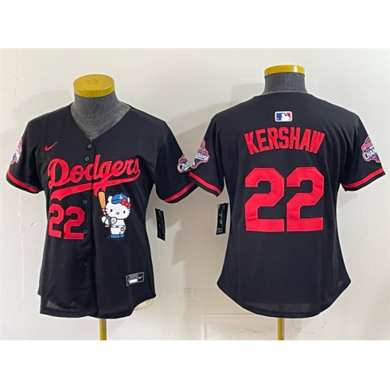 Women's Los Angeles Dodgers #22 Clayton Kershaw Black Hello Kitty Night 2025 World Series Champions Stitched Baseball Jersey(Run Small)