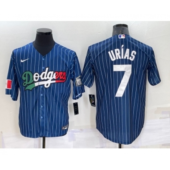 Men's Los Angeles Dodgers #7 Julio Urias Navy Blue Pinstripe 2020 World Series Cool Base Nike Jersey - Ujersey