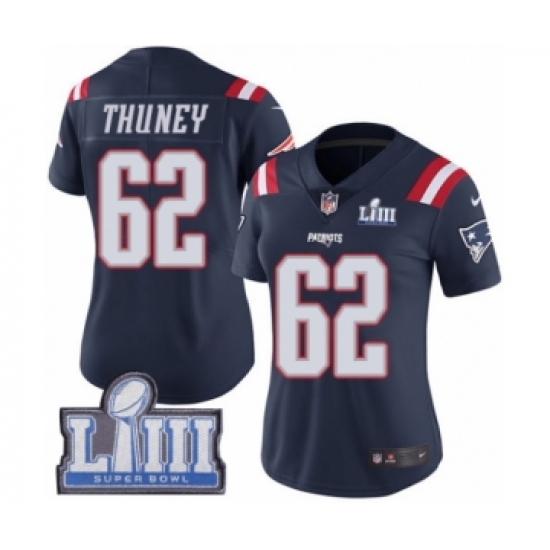 Women's Nike New England Patriots #62 Joe Thuney Limited Navy Blue Rush Vapor Untouchable Super Bowl LIII Bound NFL Jersey - Ujersey