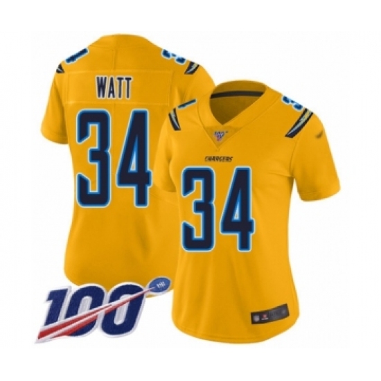 Women's Los Angeles Chargers #34 Derek Watt Limited Gold Inverted Legend 100th Season Football Jersey - Ujersey