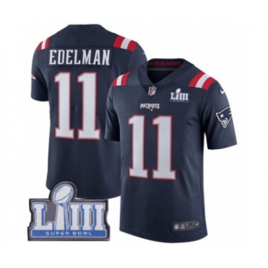 Men's Nike New England Patriots #11 Julian Edelman Limited Navy Blue Rush Vapor Untouchable Super Bowl LIII Bound NFL Jersey - Ujersey