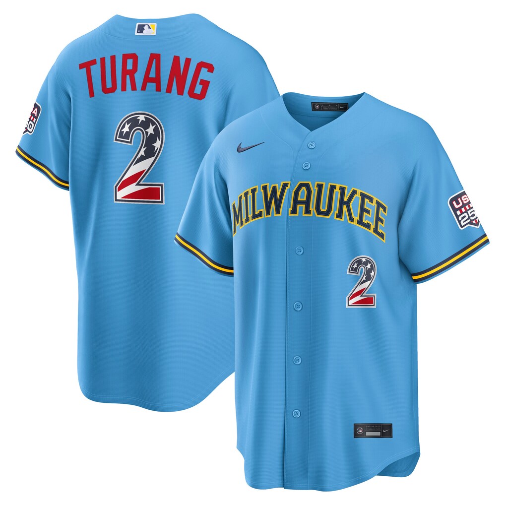 Men's Milwaukee Brewers Brice Turang Nike Light Blue USA 250 Fourth of July Road Stadium Jersey - Ujersey