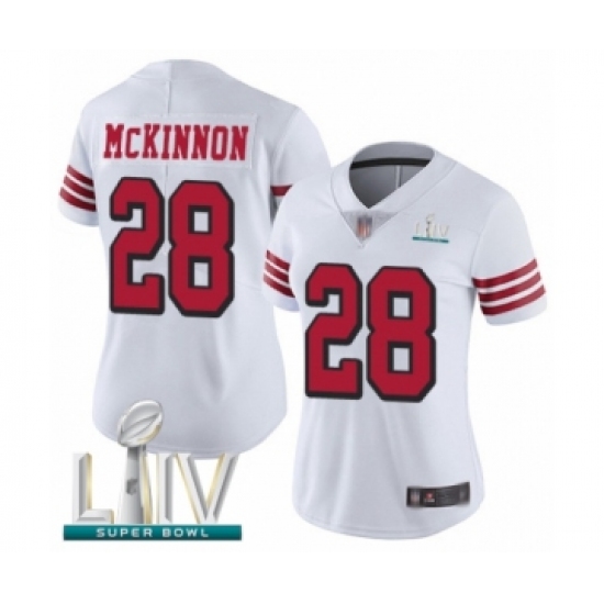 Women's San Francisco 49ers #28 Jerick McKinnon Limited White Rush Vapor Untouchable Super Bowl LIV Bound Football Jersey - Ujersey