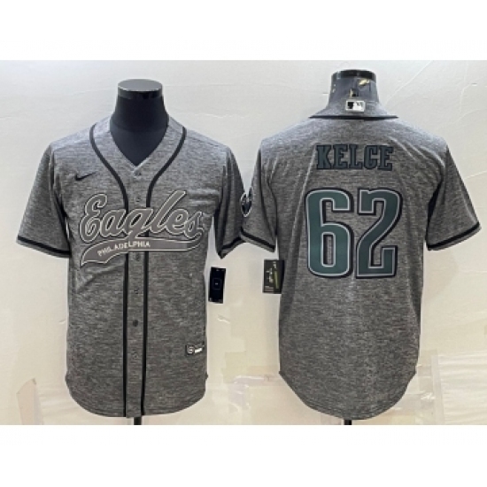 Men's Philadelphia Eagles #62 Jason Kelce Grey Gridiron Patch Cool Base Stitched Baseball Jersey - Ujersey