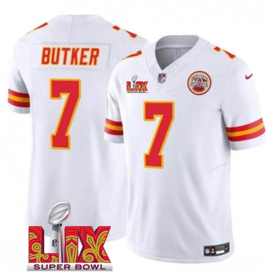 Men's Kansas City Chiefs #7 Harrison Butker White 2025 Super Bowl LIX F.U.S.E. Vapor Limited Stitched Football Jersey - Ujersey
