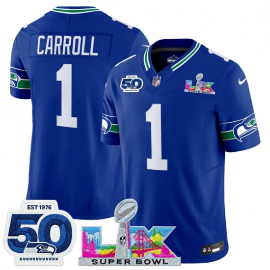 Men's Seattle Seahawks #1 Pete Carroll Royal 2025 F.U.S.E. Super Bowl LX And 50th Season Vapor Throwback Limited Football Stitched Jersey - Ujersey