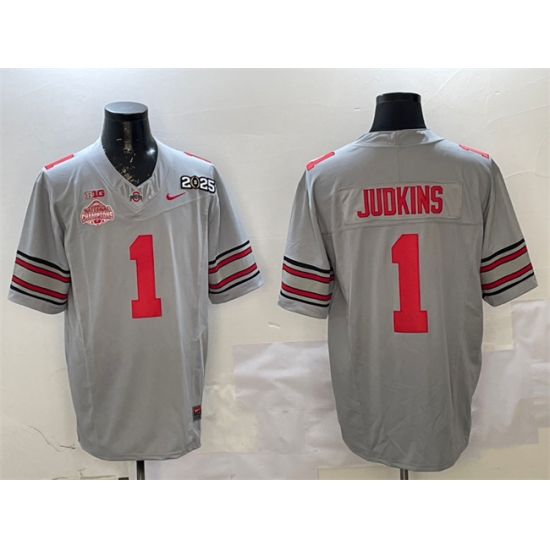 Men's Ohio State Buckeyes #1 Quinshon Judkins Grey 2025 CFP Final With National Champions F.U.S.E. Vapor Limited Stitched Football Jersey - Ujersey