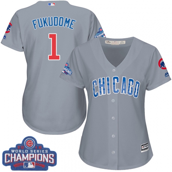 Women's Majestic Chicago Cubs #1 Kosuke Fukudome Authentic Grey Road 2016 World Series Champions Cool Base MLB Jersey - Ujersey