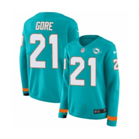 Women's Nike Miami Dolphins #21 Frank Gore Limited Aqua Therma Long Sleeve NFL Jersey - Ujersey