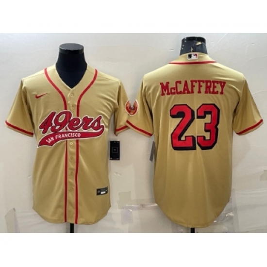 Men's San Francisco 49ers #23 Christian McCaffrey Gold Color Rush With Patch Cool Base Stitched Baseball Jersey - Ujersey