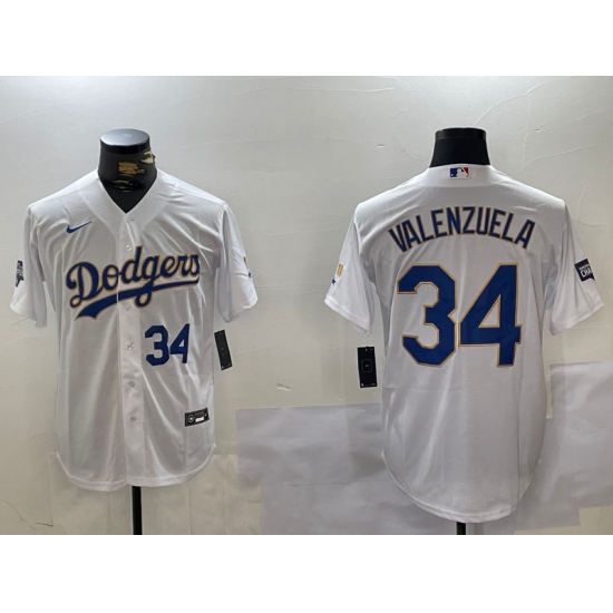 Men's Los Angeles Dodgers #34 Fernando Valenzuela Number White Gold Championship Stitched Cool Base Nike Jerseys - Ujersey