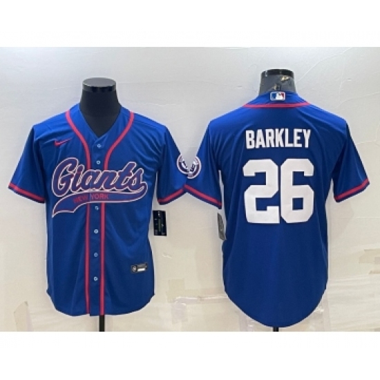 Men's New York Giants #26 Saquon Barkley Blue With Patch Cool Base Stitched Baseball Jersey - Ujersey