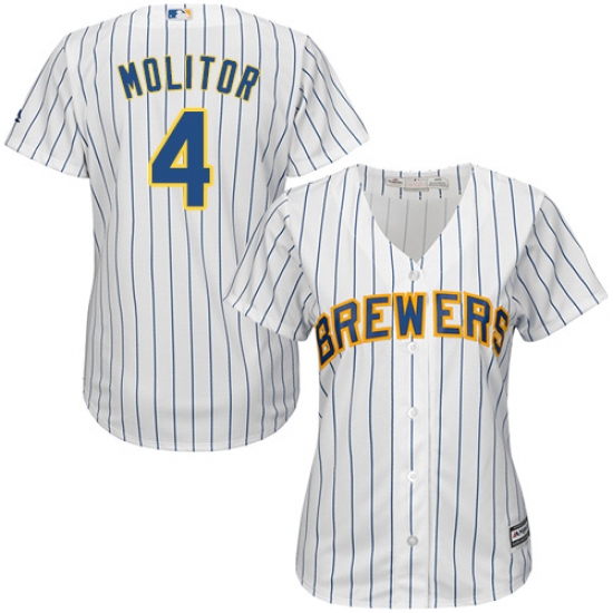 Women's Majestic Milwaukee Brewers #4 Paul Molitor Authentic White Alternate Cool Base MLB Jersey