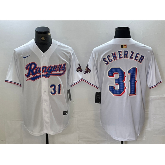 Men's Texas Rangers #31 Max Scherzer Number White 2023 World Series Champions Cool Base Jerseys - Ujersey