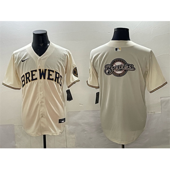 Men's Milwaukee Brewers Team Big Logo Cream Home Limited Stitched Jersey - Ujersey
