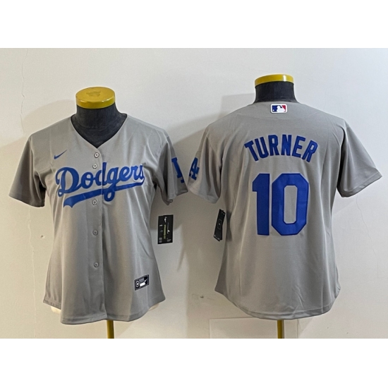 Women's Los Angeles Dodgers #10 Justin Turner Grey Cool Base Stitched Nike Jersey - Ujersey