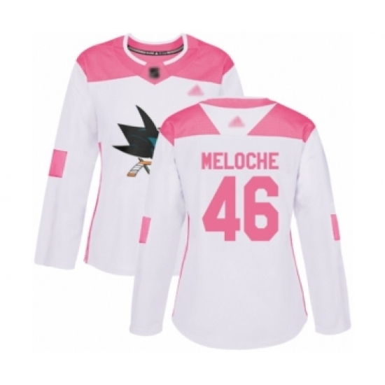 Women's San Jose Sharks #46 Nicolas Meloche Authentic White Pink Fashion Hockey Jersey - Ujersey