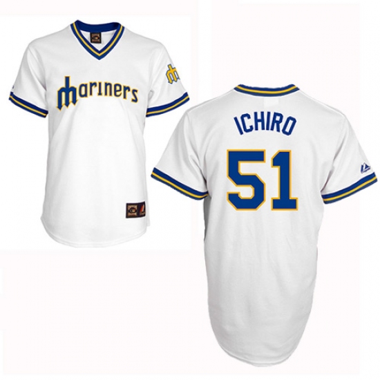 Men's Majestic Seattle Mariners #51 Ichiro Suzuki Replica White Cooperstown Throwback MLB Jersey - Ujersey