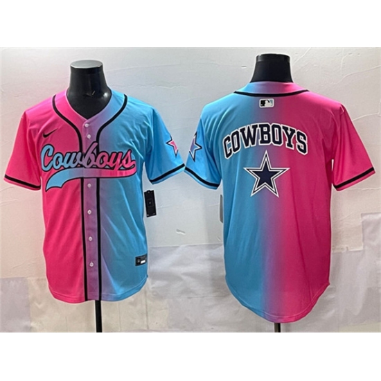 Men's Dallas Cowboys Team Big Logo Pink Blue Limited Stitched Baseball Jersey - Ujersey