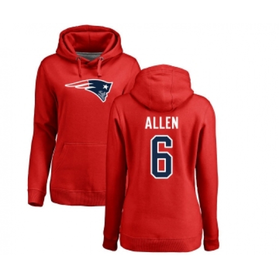 Football Women's New England Patriots #6 Ryan Allen Red Name & Number Logo Pullover Hoodie - Ujersey