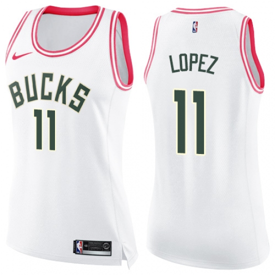 Women's Nike Milwaukee Bucks #11 Brook Lopez Swingman White Pink Fashion NBA Jersey - Ujersey