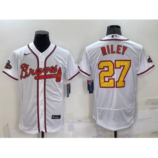 Men's Atlanta Braves #27 Austin Riley White Gold 2021 World Series Champions Stitched MLB Flex Base Jersey - Ujersey