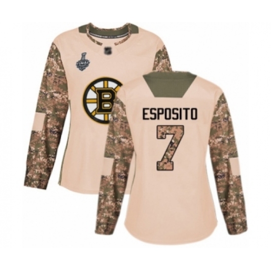 Women's Boston Bruins #7 Phil Esposito Authentic Camo Veterans Day Practice 2019 Stanley Cup Final Bound Hockey Jersey - Ujersey