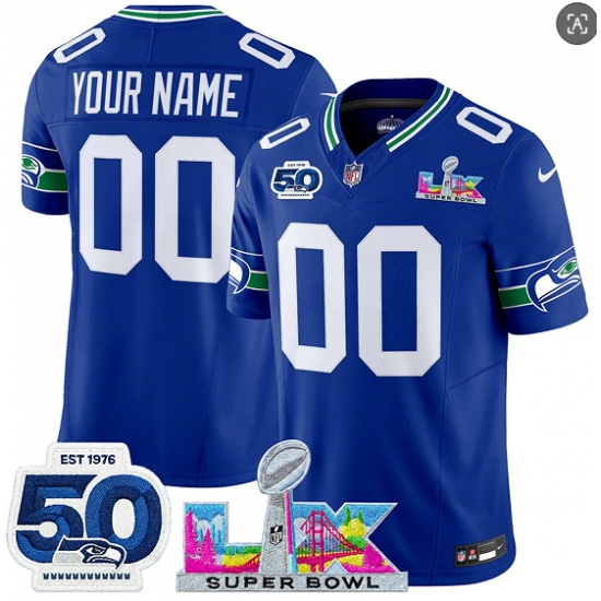 Men's Seattle Seahawks Active Player Custom Royal 2025 F.U.S.E. Super Bowl LX Patch And 50th Season Patch Vapor Throwback Limited Football Stitched Jersey - Ujersey